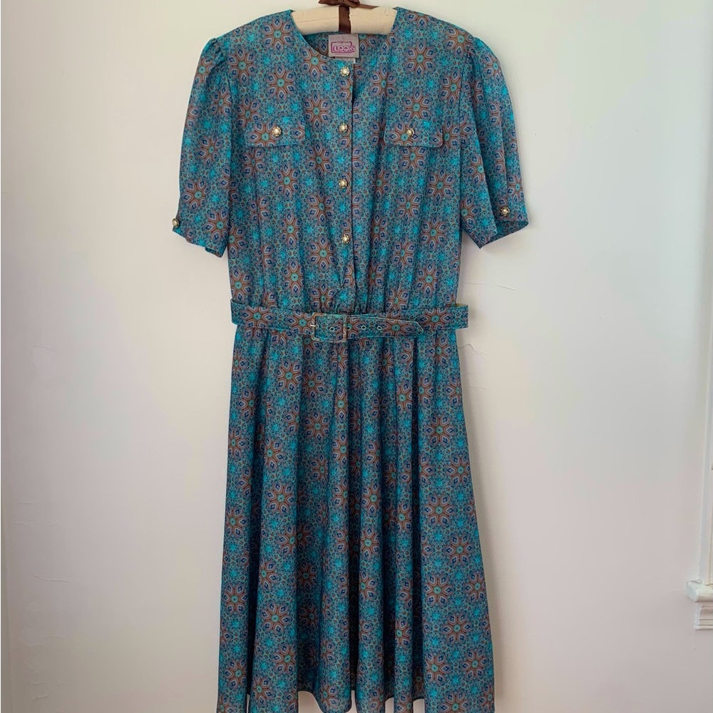 Vintage Mid Century Modern Retro Turquoise Belted Dress Large Career Teacher